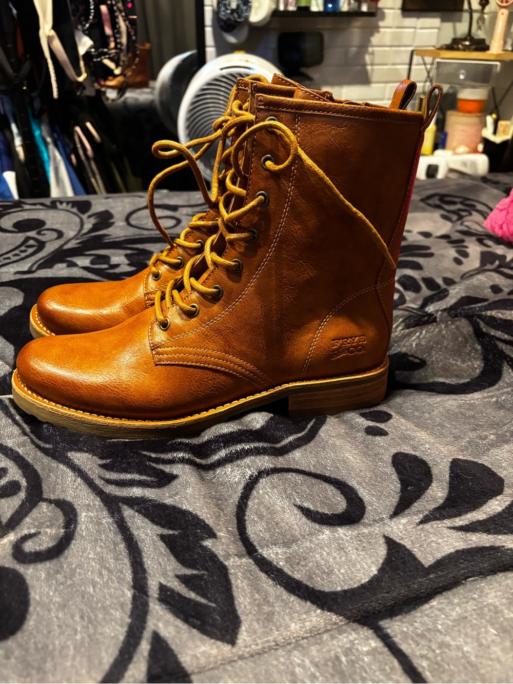 Cognac Leather Lace-Up Combat Boots for Women